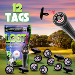 A 12-pack of Golf NFC tags designed to prevent lost golf clubs, shown with packaging and a demonstration of how the tag fits into the golf club's port hole