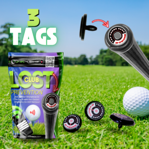 A 3-pack of Golf NFC tags designed to prevent lost clubs, shown with packaging and a demonstration of how the tag fits into the golf club's port hole