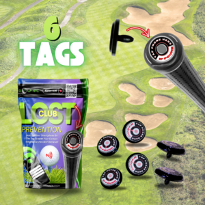 A 6-pack of Golf NFC tags designed to prevent lost clubs, shown with packaging and a demonstration of how the tag fits into the golf club's port hole.