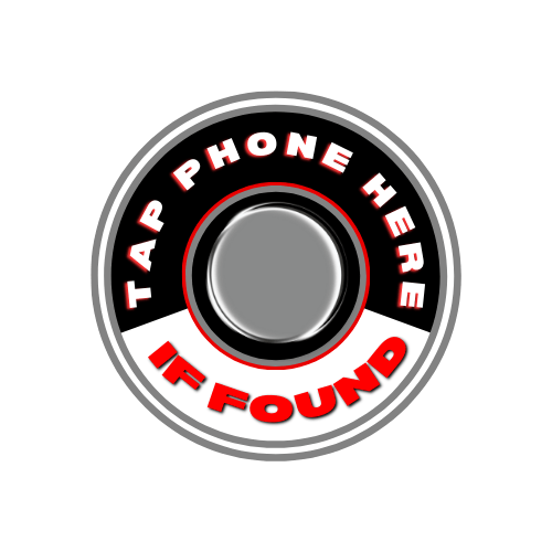 A close-up photo of the Golf NFC decal for NFC tags, featuring the ‘If Found, Tap Phone Here’ label with a target icon and red text, set against a black background, showcasing innovative technology for recovering lost golf clubs.