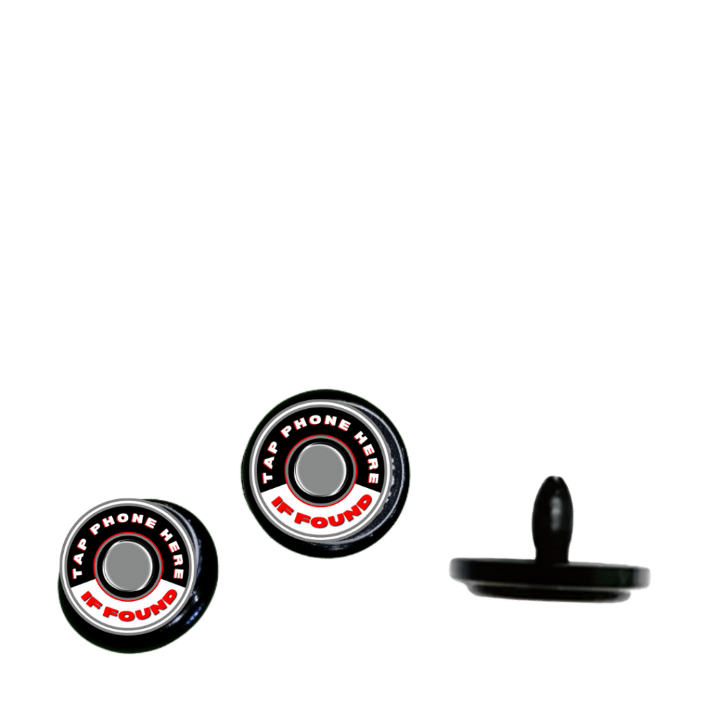 Golf NFC tags designed to fit into the port hole of a golf club grip, allowing finders to tap their phone to access the owner's contact details.