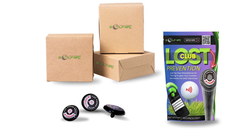 An image displaying the shipping and packaging for Golf NFC tags designed for lost club prevention. There are three brown cardboard boxes stacked with the Golf NFC logo printed on them. In front of the boxes, three NFC tags are shown, each with a "TAP PHONE HERE IF FOUND" label. To the right, there is a colorful retail package with the text "LOST CLUB PREVENTION" prominently displayed, featuring images of a golf ball, a smartphone, and a golf club grip with an embedded NFC tag.