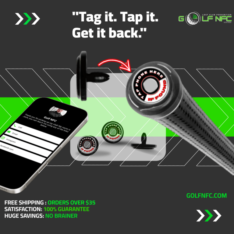 Golf NFC lost club prevention tag inserted into a golf club grip, with a smartphone displaying contact details for easy club recovery.