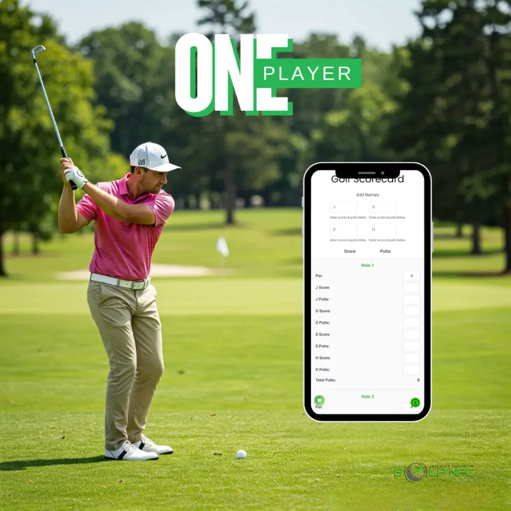 A golfer in a pink shirt and white cap mid-swing on a green golf course, with a smartphone displaying a digital golf scorecard app labeled "Golf Scorecard." The app allows players to add their name, enter scores, and track putts for each hole.