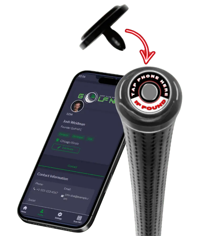 A smartphone displaying the Golf NFC app profile for Josh Weidman, founder of Golf NFC, with contact information, positioned next to a golf club grip featuring an 'If Found, Tap Phone Here' NFC tag, illustrated with a red arrow pointing to the tag on a black background